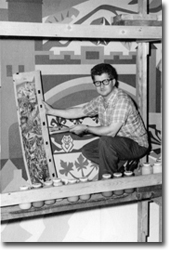 Artist Umberto Bruni consulting Thor Hansen’s plan as he works on the mural at the Mont-Royal office of the British American Oil Company,1957. The building was owned by St. Lawrence Cement from 1994 to 2008.
