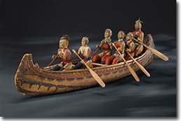 Model canoe with figures representing individual Indigenous warriors and leaders, made by the Odawa chief, Assiginak, in about 1825.
Canadian Museum of History, NMH III-M-10, IMG2009-0063-0017-Dm
