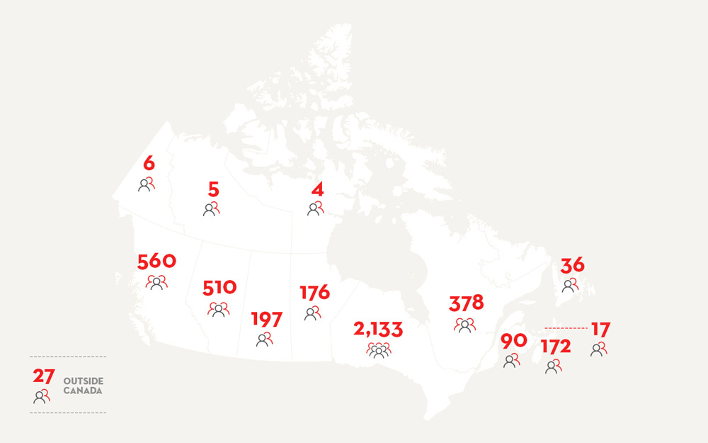 Illustrated map of Canada with number of donors in each province