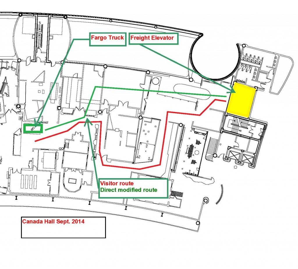 Ce plan d’étage montre le trajet modifié que nous avons planifié pour faciliter le déplacement de gros artefacts présentés dans la salle du Canada.