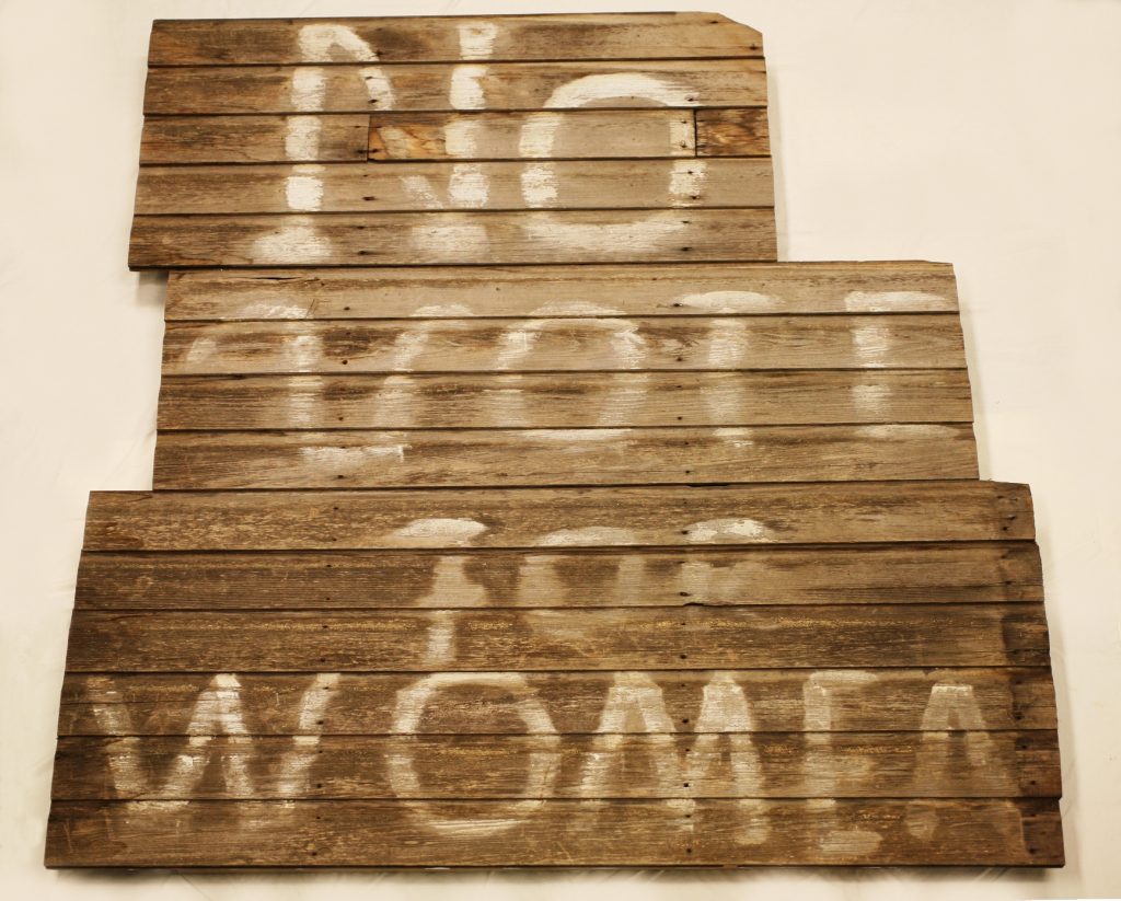 “[NO] VOTE FOR WOMEN,” cedar siding, 1910–1915, Portage la Prairie, Manitoba This is a section of exterior wall from a house that formerly stood just north of Portage la Prairie, Manitoba. The woman living in the home painted “VOTE FOR WOMEN” on the side of her house so that it could be seen from the road. Her husband later painted “NO” above this sign. Loan courtesy of the Wishart family of Portage la Prairie, Manitoba Museum