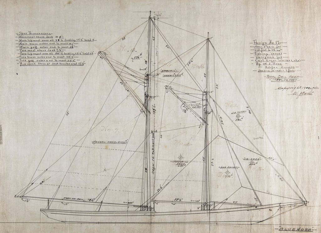 This drawing shows the arrangement of Bluenose’s iconic and spectacular sail plan. William James Roué Collection, Canadian Museum of History, 2016-H0034.17.2, IMG2016-0300-0001-Dm ©JER/WJRoue.ca. Used with permission. 