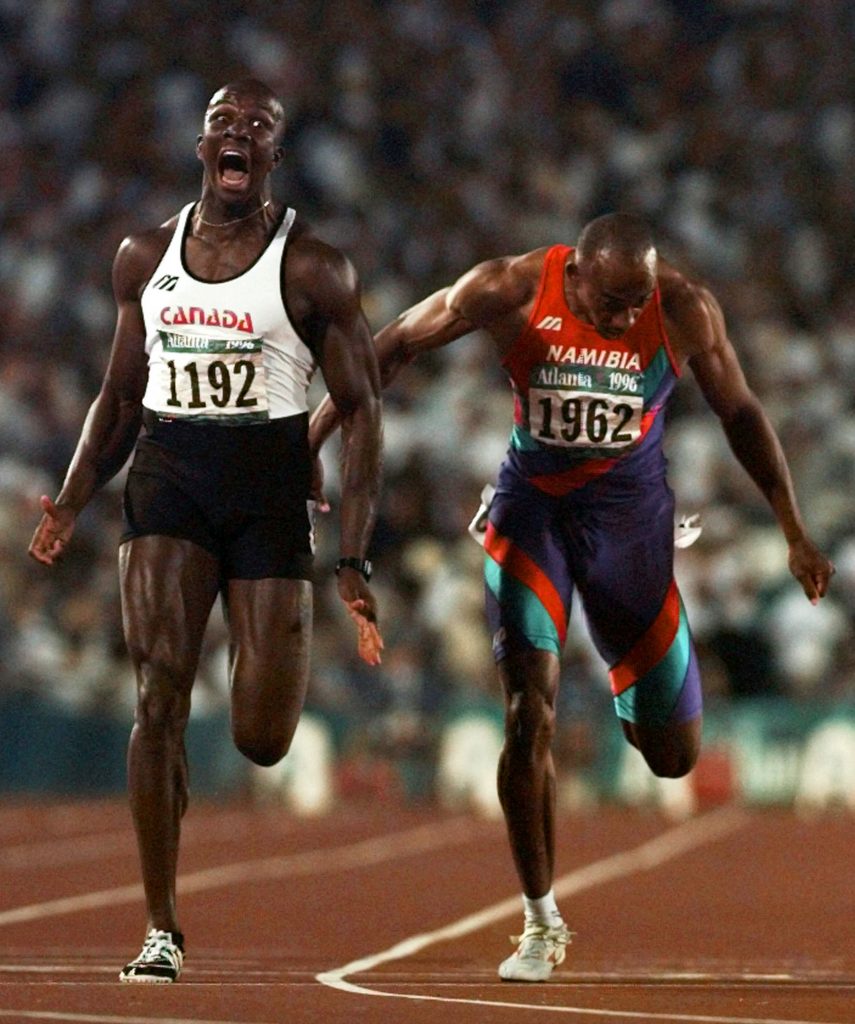 Donovan Bailey wins the gold medal for the men’s 100 metres at the 1996 Olympics Doug Mills, Atlanta, Georgia, July 27, 1996. Associated Press and The Canadian Press, 96072701569