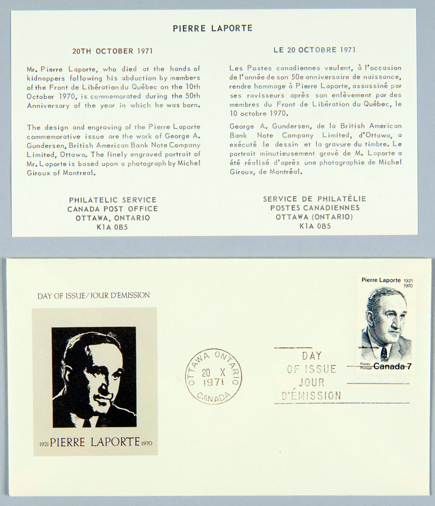 First-day cover issued in memory of Pierre Laporte, Canada Post, 1971.Canadian Museum of History, Photo Archives, IMG2016-0076-0001