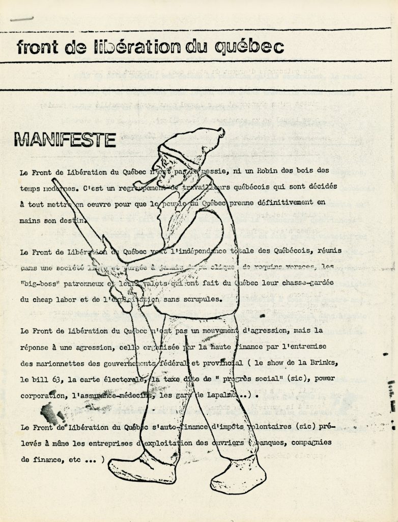 The first page of the Manifeste du FLQ (the FLQ’s manifesto), broadcast on Radio-Canada in October 1970.