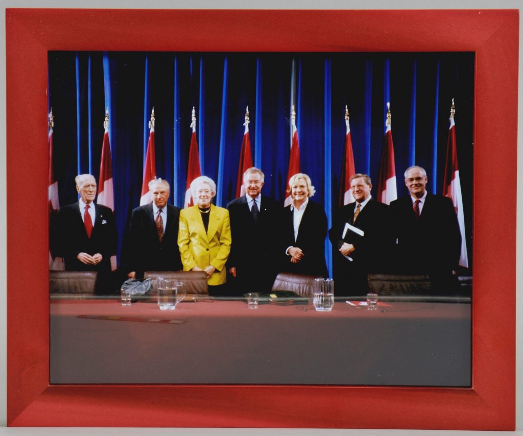 Seven former Canadian foreign ministers are seen together in this rare photograph taken around 1996. Left to right: Mitchell Sharp, Allan MacEachen, Flora MacDonald, Joe Clark, Barbara McDougall, Lloyd Axworthy and Perrin Beatty.