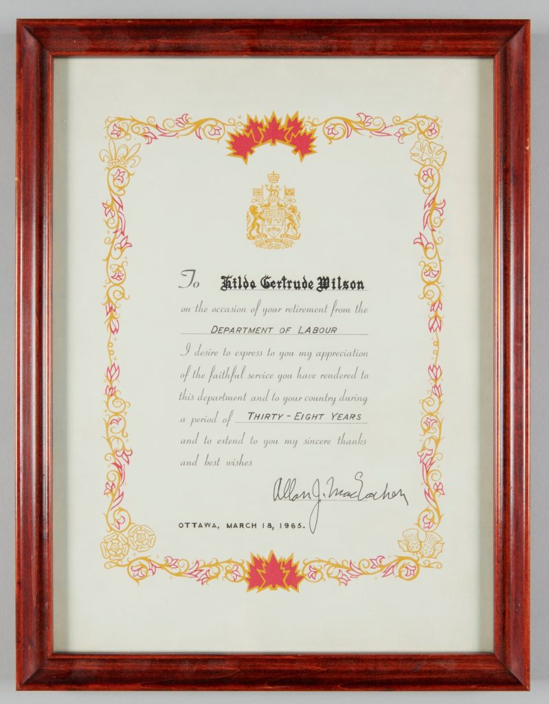 Certificate given by Allan MacEachen, Minister of Labour, to a retiring employee, March 18, 1965.