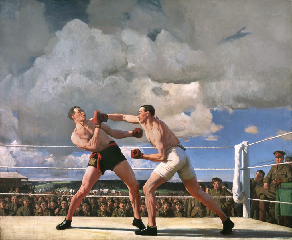 Oil painting of two men in a boxing ring
