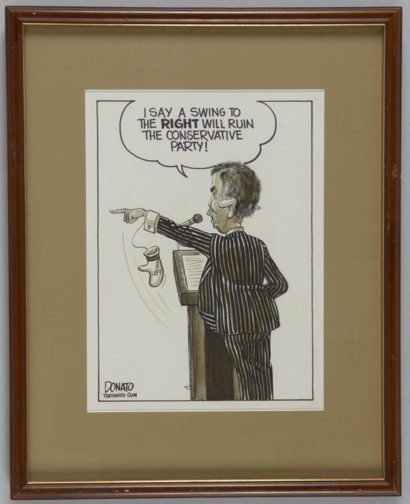 Political cartoon with of Joe Clark in a suit saying "“I say a swing to the right will ruin the Conservative Party!”