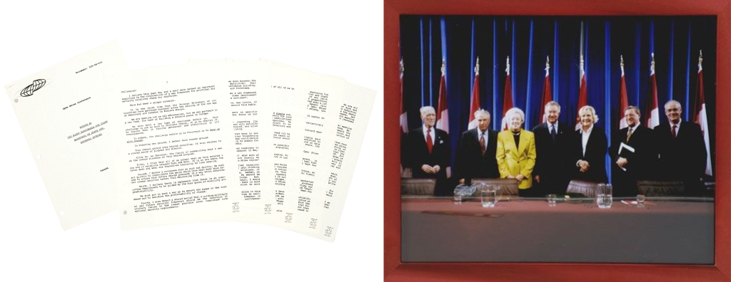 Sheets of paper with a speech text.Photograph of 5 men and 3 women dressed in suits and business attire standing behind a table with Canada flags behind them.