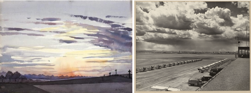 (L) watercolour painting of a sunset with purple tones(R) Black and white photo of rows of dozens of airplanes on a tarmac with a cloudy sky.