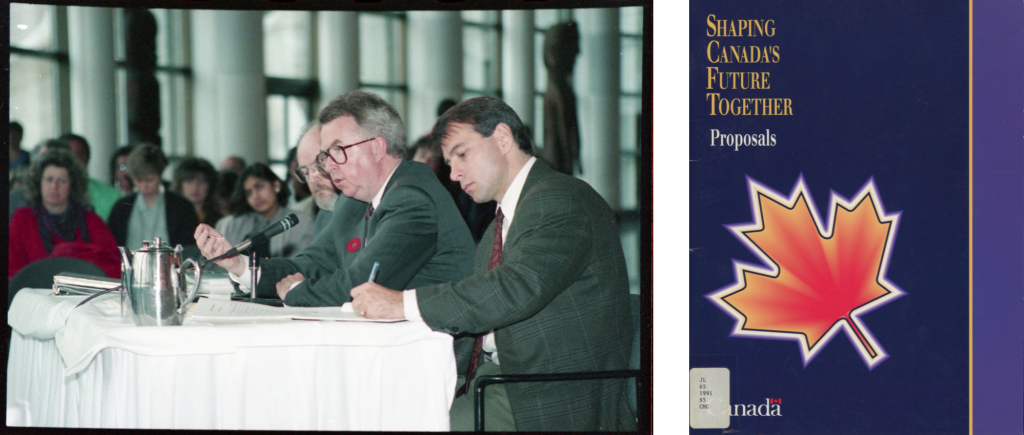 (L) photograph of two men in suits seated at a table signing a document, with people seated in the background.(R) Cover of a book with the title Shaping Canada's Future Together