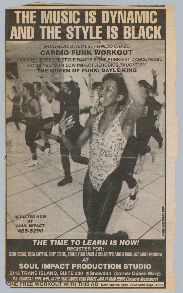 A newspaper ad titled “The music is dynamic and the style is Black” above a large photo of a Black woman in a patterned bodysuit leading a fitness class.