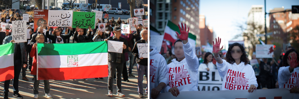 Left: A crowd of people carrying placards and Iranian flags.Right: A crowd of protestors marching in the street. In the foreground, several people hold a banner with one hand and hold the other up toward the camera, covered in red paint. They wear shirts reading “Femme Vie Liberté.”