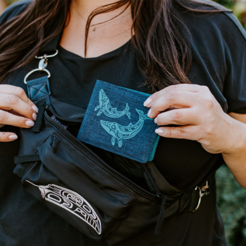 Polyester wallet with Humpback whale design from indigenous artist Gordon White.