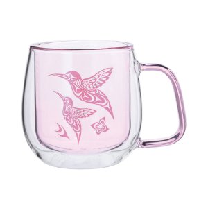 Colored doubled walled glass mug with hummingbird design by Simone Diamond