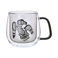 Colored doubled walled glass mug with eagle design by Ernest Swanson