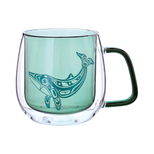 Colored doubled walled glass mug with humpback whale design by Gordon White