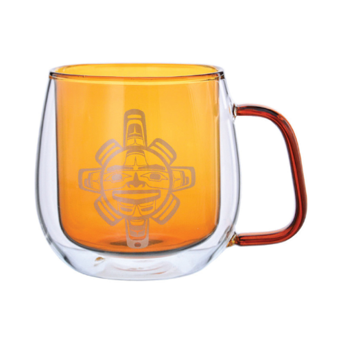 Colored doubled walled glass mug with Chilkat Sun whale design by Nahaan