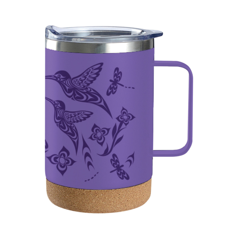 Corked bottom travel mug with Hummingbird design by Simone Diamond