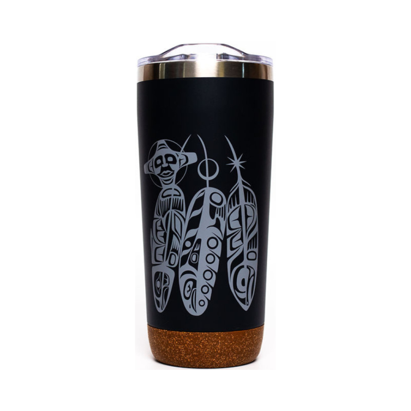 Corked bottom travel mug with Salmon Life Cycle design by Paul Windsor