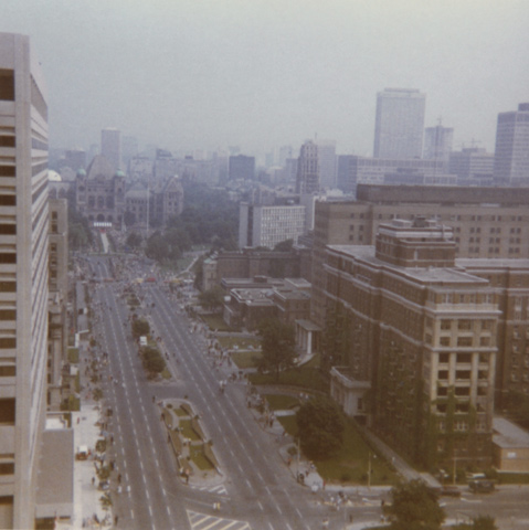 View of University Avenue from the National Life Building during a Royal visit, 1973