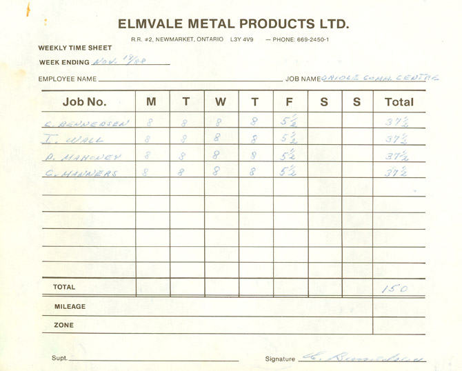Page from an Elmvale Metal Products time sheet, November 1988