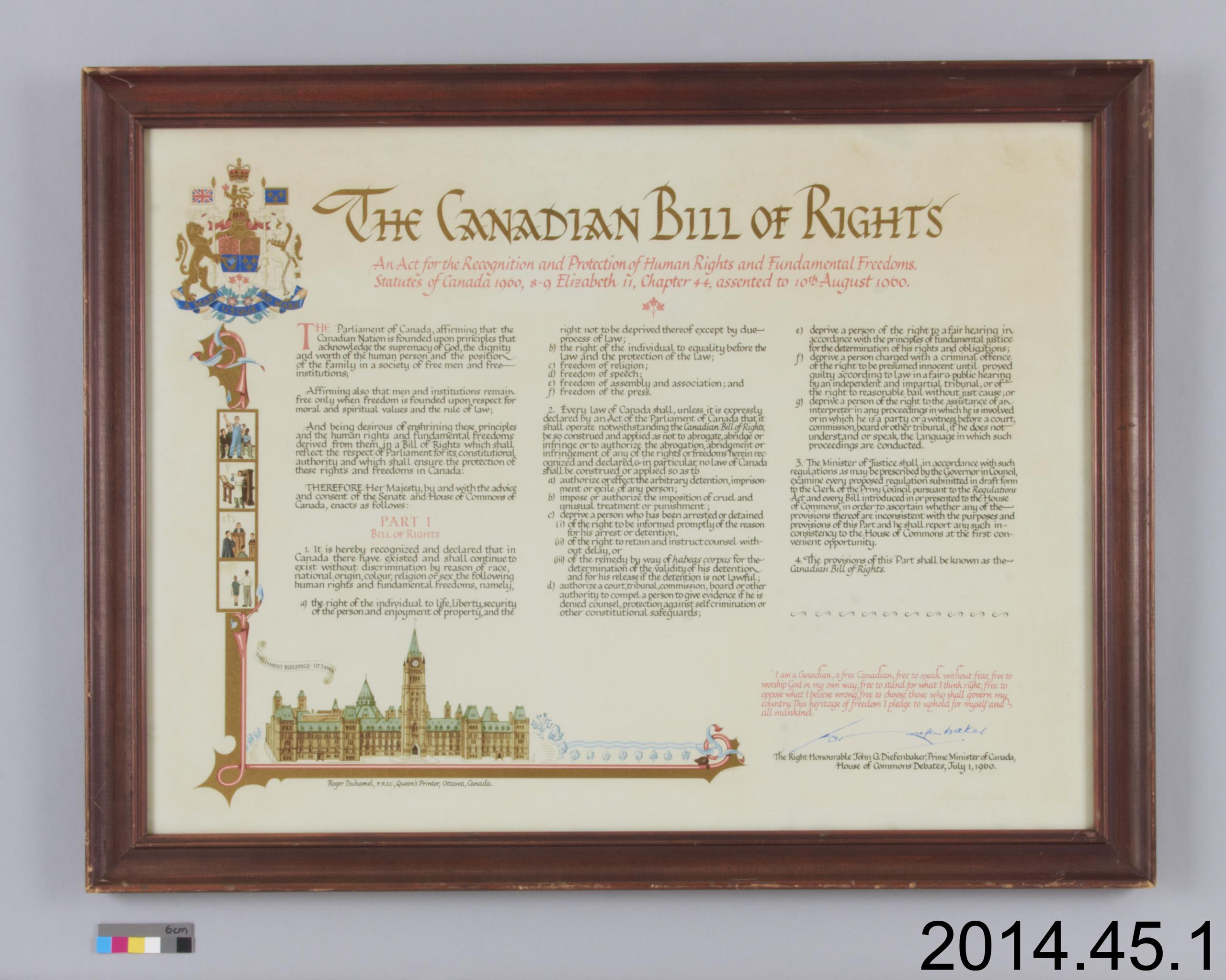 certificate, Canadian Bill of Rights | Canadian Museum of History