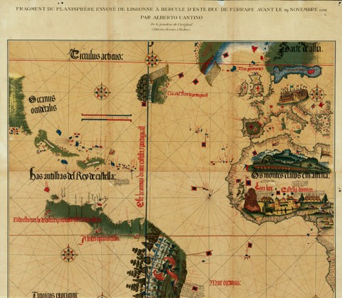 Carta da navigar per le Isole nouam… in le parte de l'India, planisphere fragment facsimile sent to Alberto Cantino in 1502, the original located at the Bibiotheca Estense, Modèna