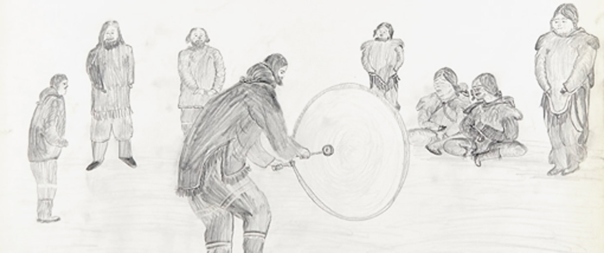 A drawing of a group of people playing a game at the Canadian Museum of History in Ottawa.