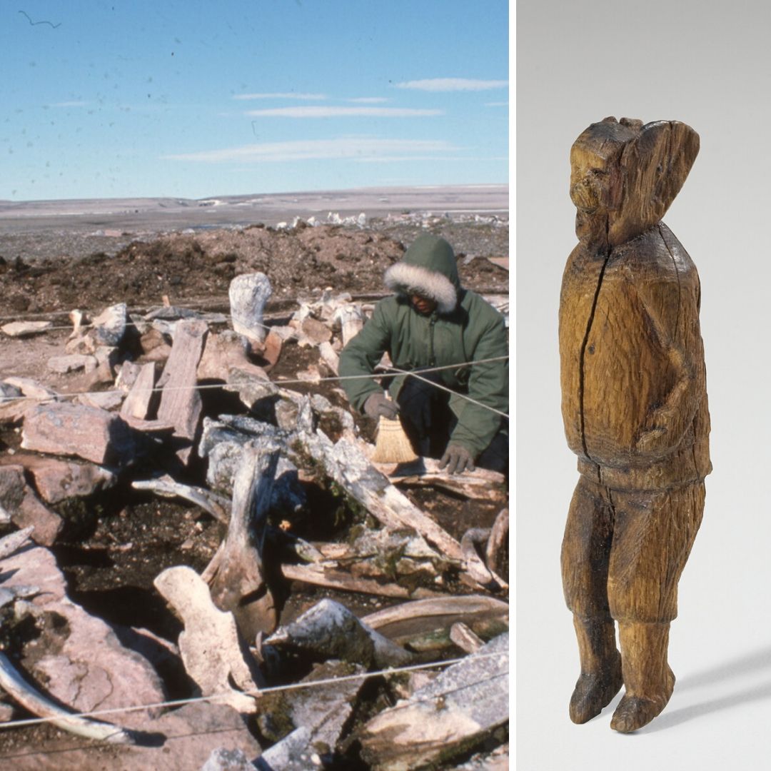 A man is standing next to a wooden sculpture at the Canadian Museum of History in Ottawa.