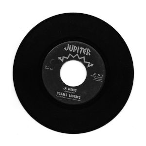 Black 45 record with stylized grey writing