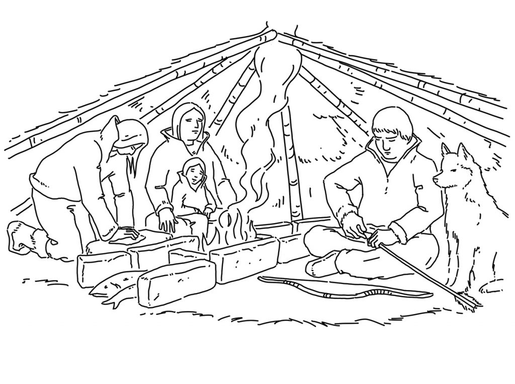 Drawing of a family of four and a dog inside a small tent, with tools and a hearth in the centre