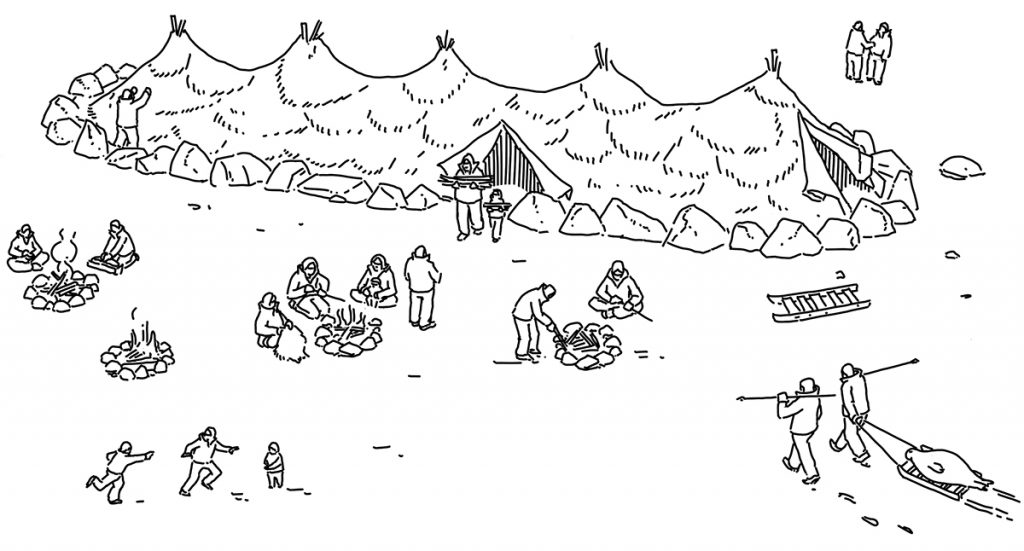 Drawing of a long tent structure with people engaged in activities around several outdoor firepits