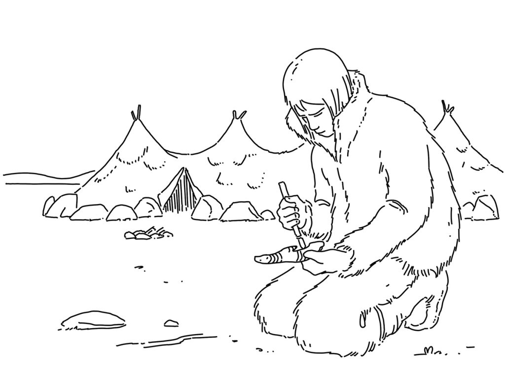 Drawing of a young man dressed in furs and carving a bear out of ivory
