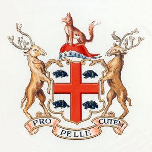 Coat of arms with a red cross and four beavers in each corner, flanked by two upright elk and a fox above