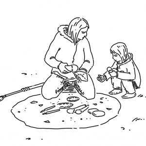 An adult and a child producing stone tools