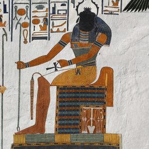 A tomb painting of a beetle-headed god.