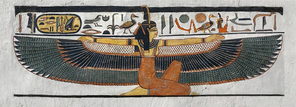 A tomb painting of a goddess with wings outstretched.