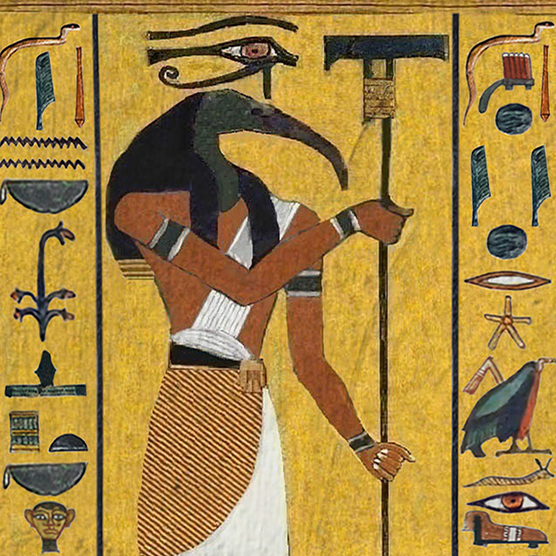 A tomb painting of a bird-headed god.