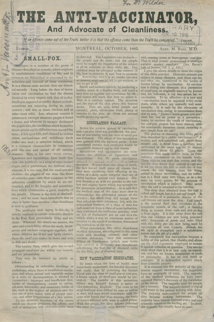 The Anti-Vaccinator, published by Alexander Ross, Montreal, 1885 