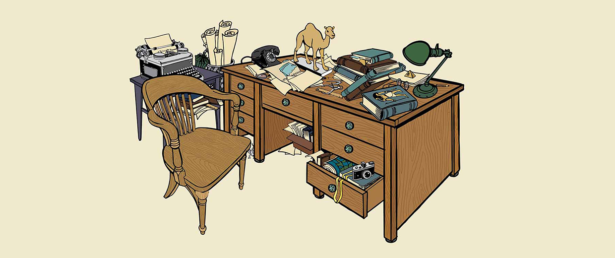 A drawing of a desk with various items on it, displayed at the Canadian Museum of History in Ottawa.