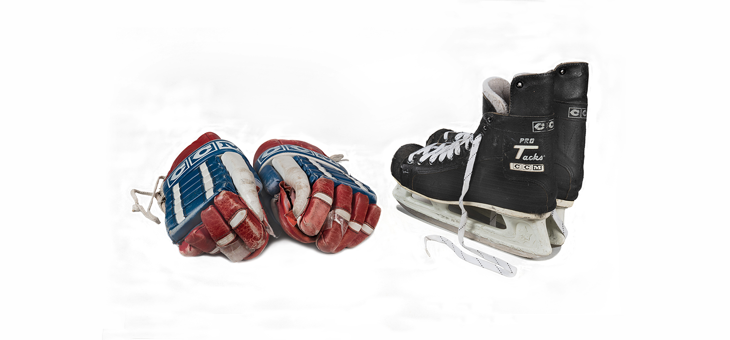 A pair of hockey gloves and a pair of hockey skates on display at the Canadian Museum of History in Ottawa.