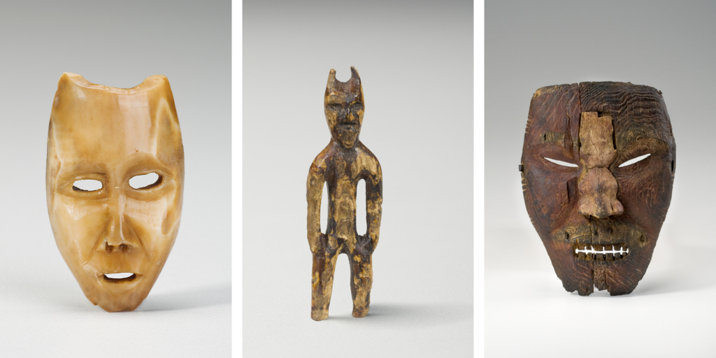 [Left] A small ivory maskette excavated from a site near Salluit, Nunavik. [Centre] A human-like figure excavated near Pond Inlet (Mittimatalik), Nvt. [Right] One of two full-sized wooden masks excavated from Bylot Island, Nvt.