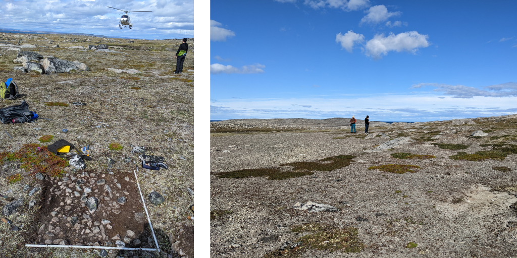 [Left] Test excavations at a Tuniit (Dorset) site near Qajartalik. [Right] Inspecting a Tuniit (Dorset) site. Qajartalik is in the far distance, behind the archaeologists.