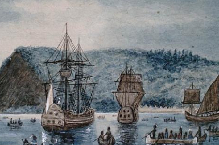 A watercolor painting of a group of ships in a body of water, displayed in the virtual museum of Nouvelle-France.