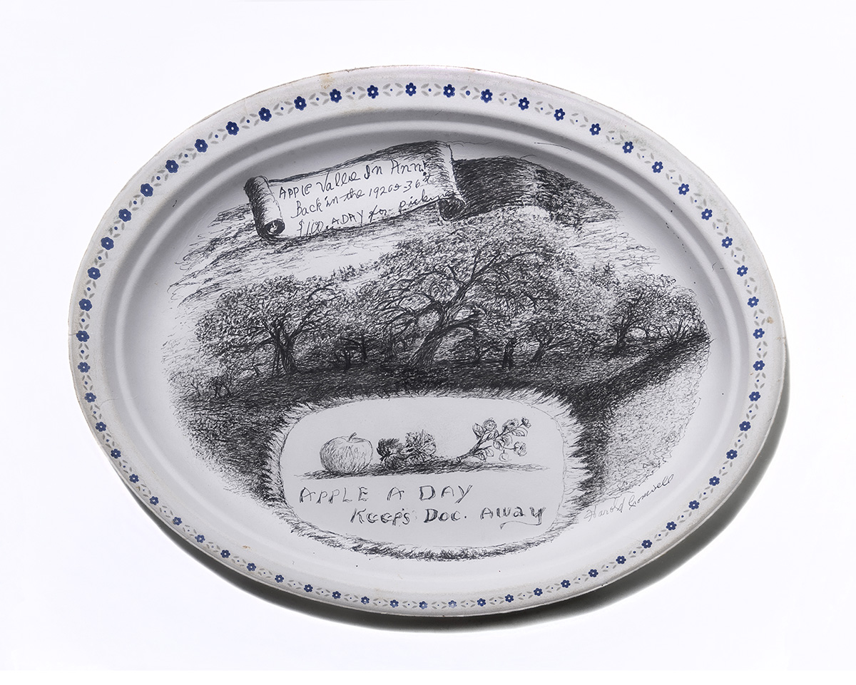 A plate with a drawing of an apple tree from the Canadian Museum of History in Ottawa.