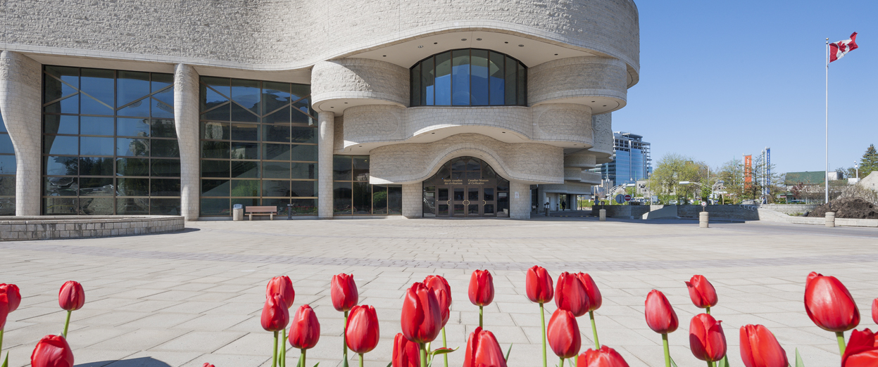 Red tulips in front of the Canadian Museum of History in Ottawa.