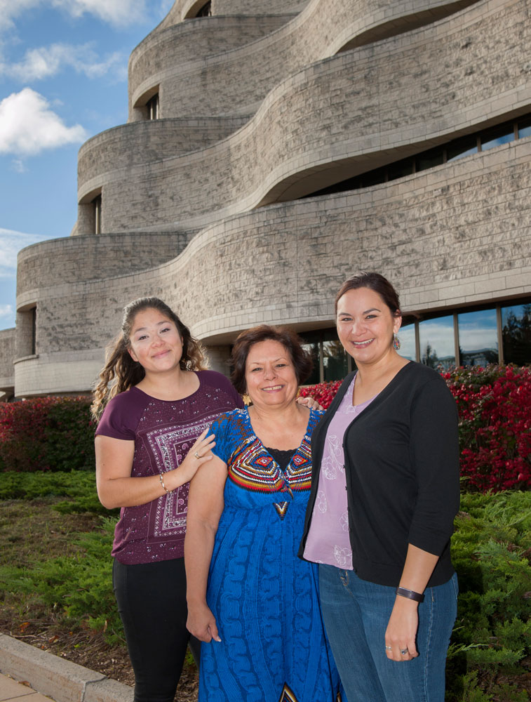 Three women standing in front of the Canadian Museum of History in Ottawa.