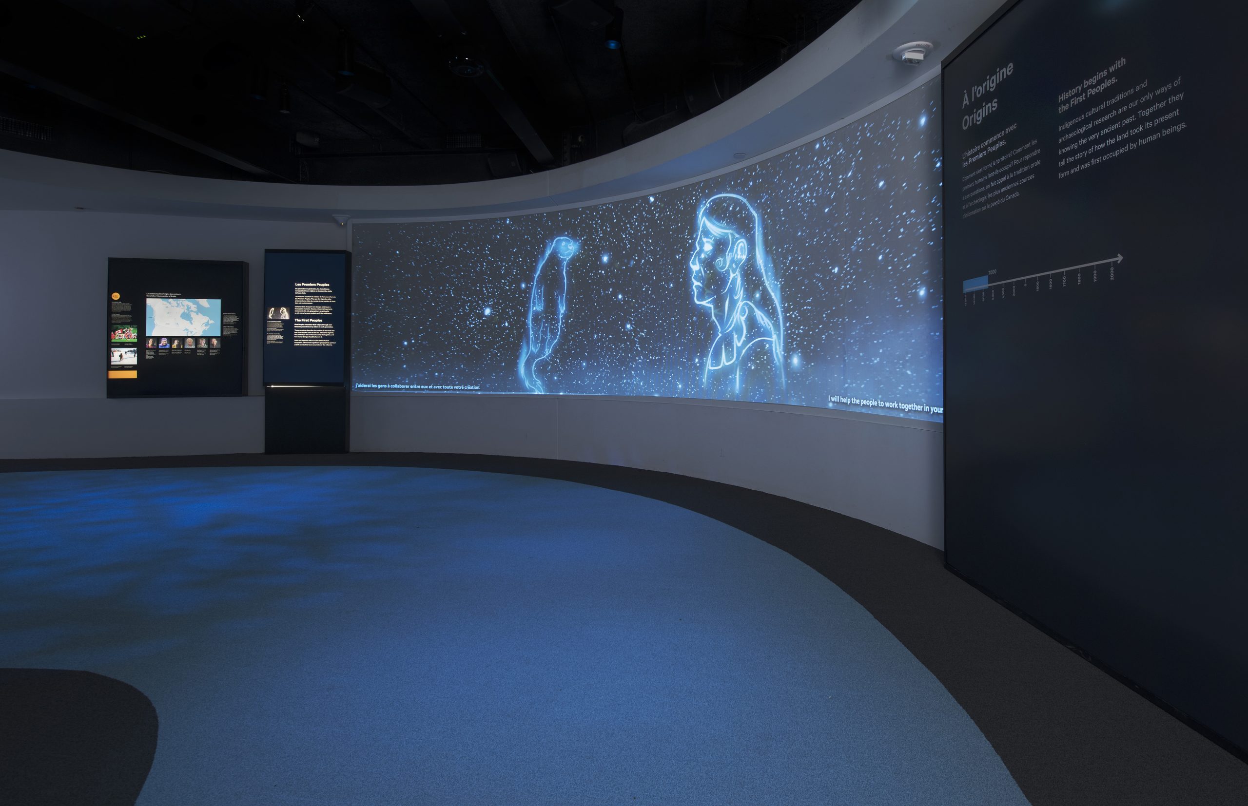 The Canadian Museum of History in Ottawa features a room with a large screen and a blue light.